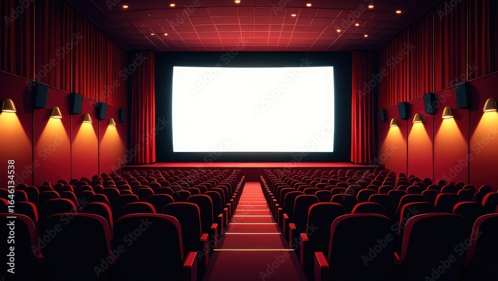 Obraz premium Classic movie theater interior with plush red seating and a large blank screen ready for a cinematic experience an inviting atmosphere for film enthusiasts