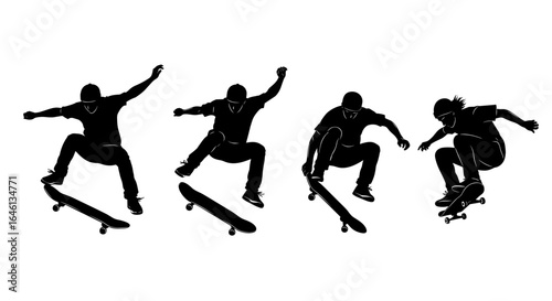 Skateboarders performing tricks in a dynamic action sequence  