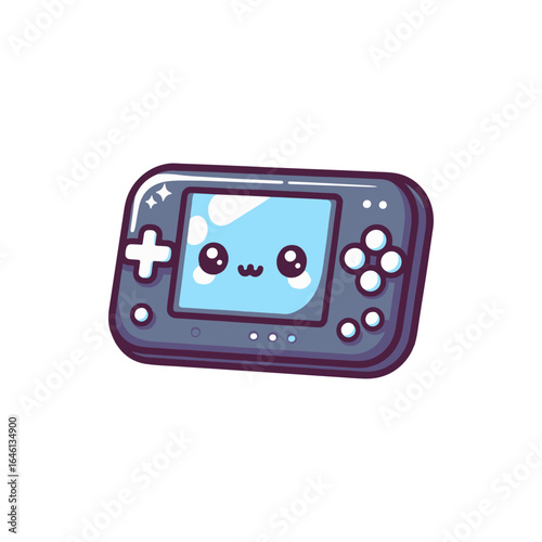 Cute cartoon handheld gaming console with a smiling screen, set against a simple background