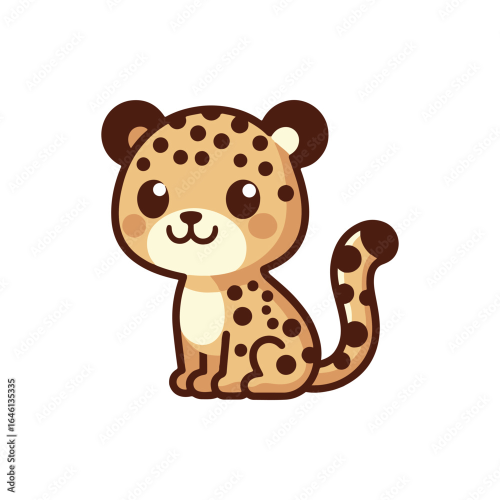 Obraz premium Cute cartoon leopard sitting playfully with a smiling expression against a white background