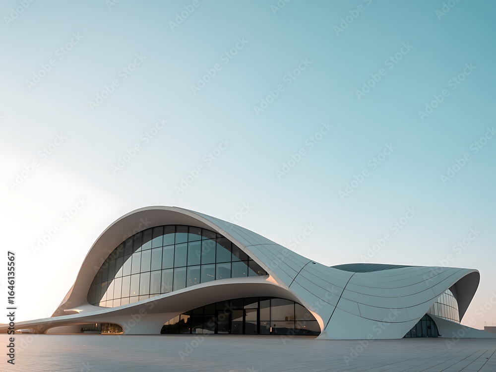 Obraz premium White Futuristic Building with Curved Architecture and Glass Facade