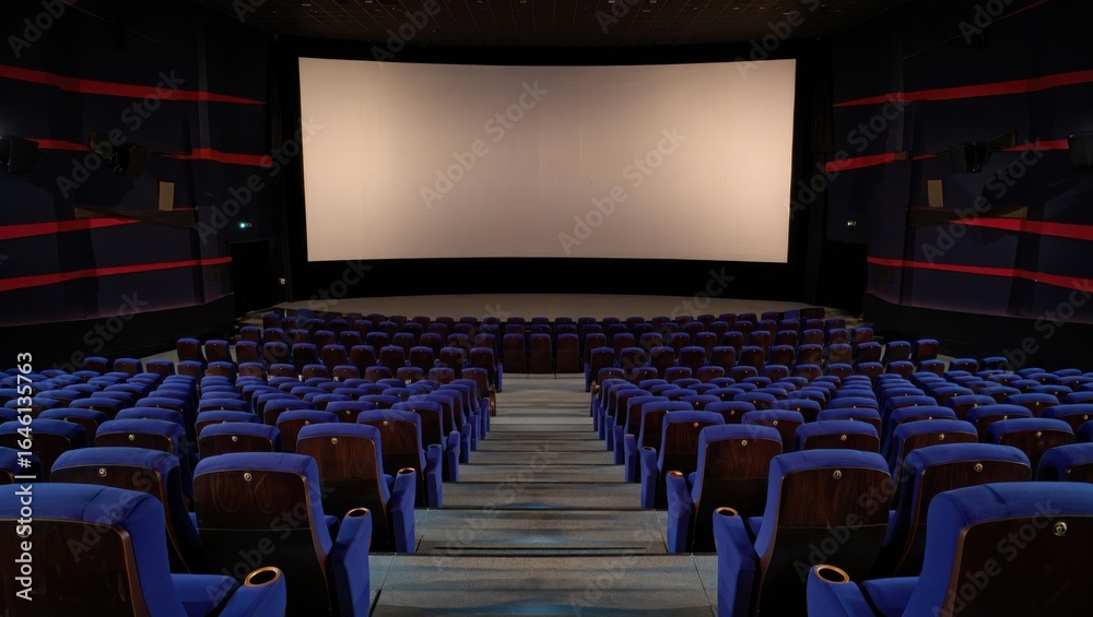 Fototapeta premium Empty Movie Theater Auditorium with Blue Seats and Large Screen Ready for Film Presentation Entertainment and Relaxation Concept for Cinema Industry