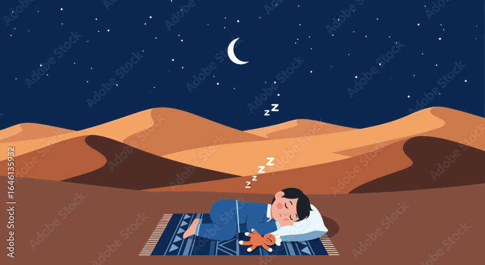 Obraz premium Illustration of a Boy Sleeping Peacefully in Desert Under Starry Sky with Moon