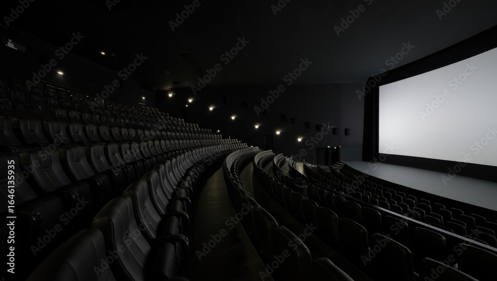 Fototapeta premium Empty movie theater auditorium with large screen ready for showing films providing an atmosphere of anticipation and excitement before the start of entertainment experiences