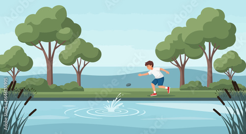 Illustration of a boy skipping stones on a lake surrounded by trees and nature outdoor scene perfect for relaxation