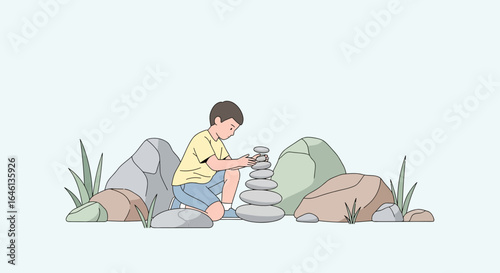 Illustration of a boy stacking stones in a natural outdoor environment with calm background expressing peaceful childhood moments
