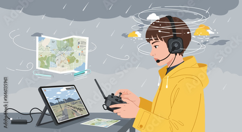 Illustration of a boy with drone controller navigating during stormy weather simulation