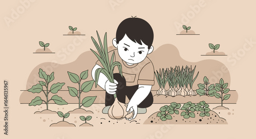 Illustration of a boy working in a garden harvesting onions and tending to plants
