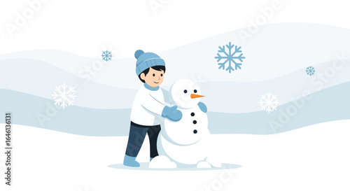 Illustration of a cheerful boy making a snowman in a snowy landscape for winter holidays and festive designs