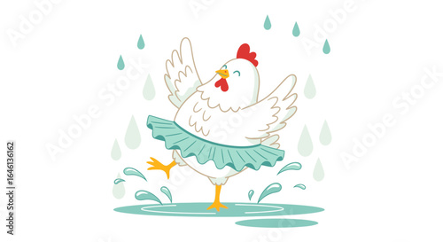 Illustration of a cheerful chicken wearing a tutu dancing in the rain weather happy mood