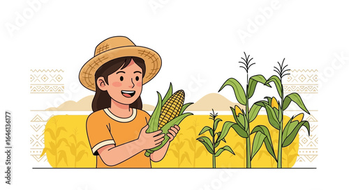 Illustration of a cheerful farmer girl harvesting corn in a cornfield on a sunny day