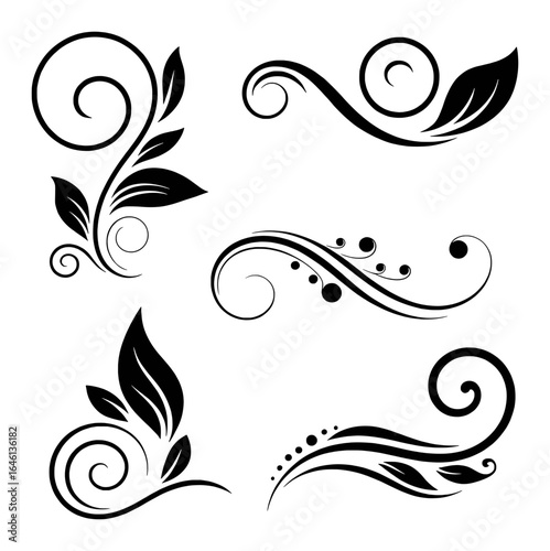 Black floral swirls and leaves decorative elements leaf