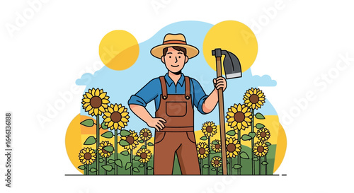 Illustration of a cheerful farmer standing in a vibrant sunflower field, embodying agriculture and rural life