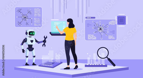 Illustration showcasing human-robot collaboration in advanced technological research environment