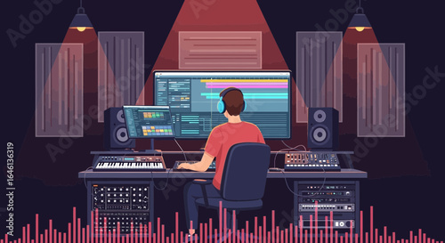 Illustration showcasing music production in a modern recording studio setup with creative visuals