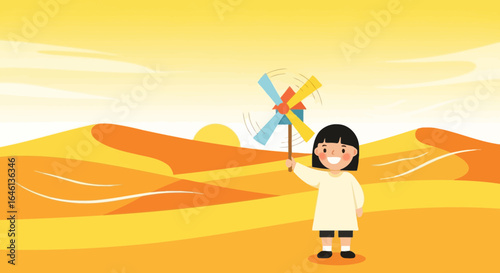 Illustration of a smiling girl holding a pinwheel in a desert landscape at sunset