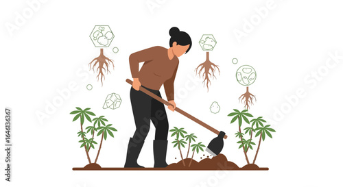 Illustration showing a woman gardening and cultivating soil for planting crops efficiently