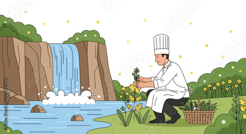 Illustration of a chef foraging for herbs by a scenic waterfall landscape art concept