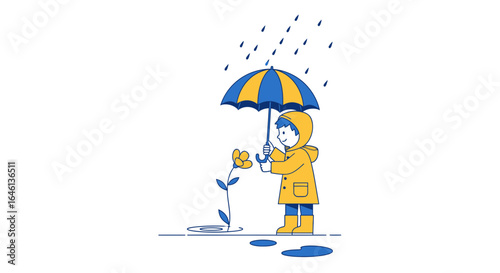 Illustration of a child in a raincoat and umbrella protecting a flower in the rain a whimsical scene of protection and care