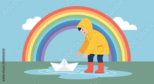 Illustration of a child playing with a paper boat in a puddle under a rainbow after rain
