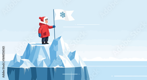 Illustration of a child on an iceberg holding a flag symbolizing triumph and winter adventure showing determination and achievement