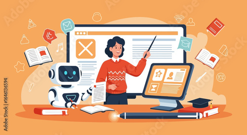 Illustration of a teacher, robot, and technology for online education and learning