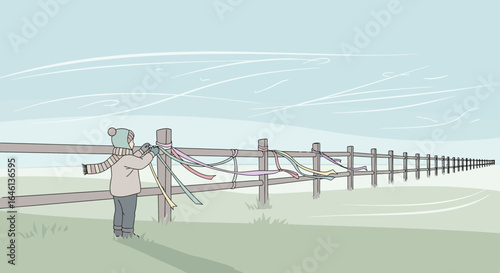 Illustration of a Child Tying Ribbons on a Fence in a Serene Landscape with a Blue Sky Representing Hope and Innocence