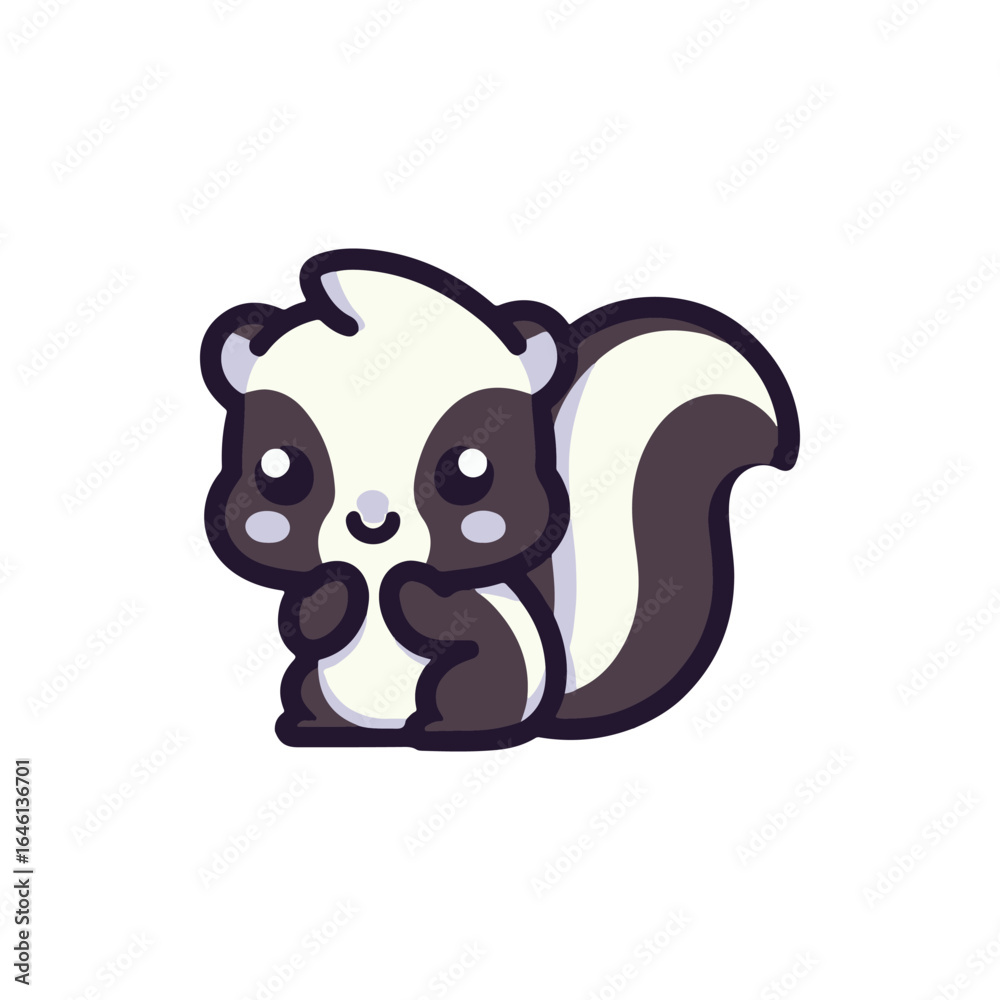Fototapeta premium Cute cartoon skunk character sitting happily, with a simple white background emphasizing its features