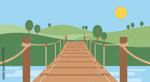 Illustration of a tranquil landscape with a wooden bridge over a serene body of water