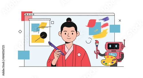 Illustrative depiction of a digital artist collaborating with an AI robot for creative projects