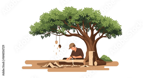 Illustration of a craftsman woodworking under a tree creating detailed wood carvings in a peaceful setting