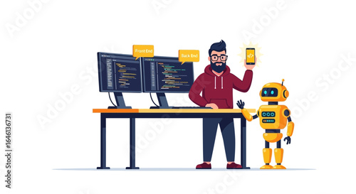 Illustrative depiction of a developer showcasing code alongside a cheerful robot companion