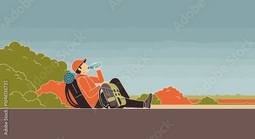Illustration of a traveler resting with a backpack and drinking water in nature