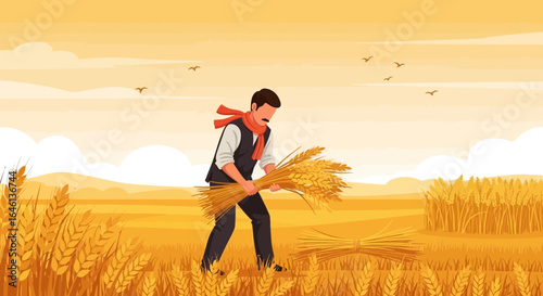 Illustrative depiction of a farmer harvesting wheat in golden field on a sunny day