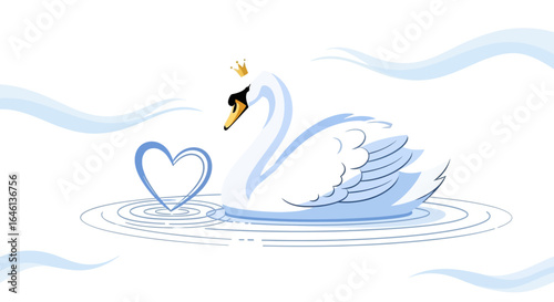 Illustration of a crowned swan swimming near a heart in water romantic concept