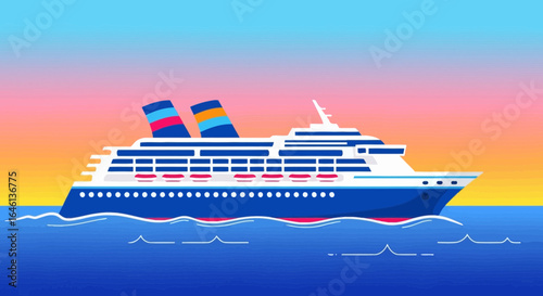Illustration of a cruise ship at sunset with a colorful gradient sky background