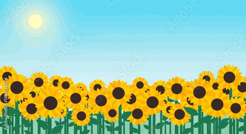 Illustration of a vibrant sunflower field under a bright blue sky and shining sun ideal for a children's book or summer themed graphic