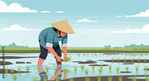 Illustrative depiction of a farmer planting rice in a field showcases agricultural practices