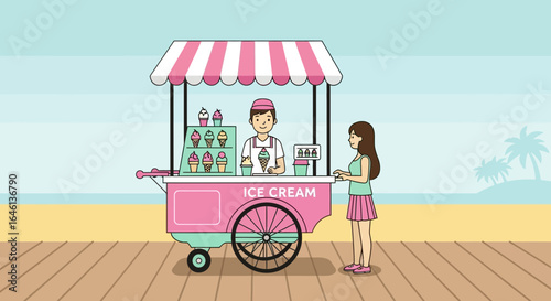 Illustration of a customer buying ice cream from a vendor at a beach kiosk