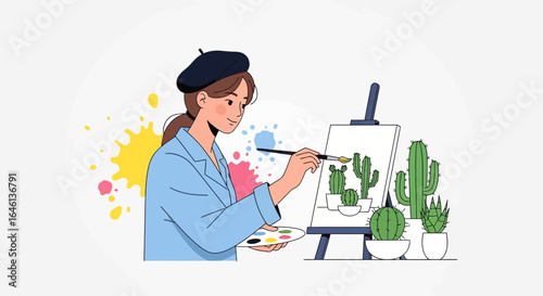 Illustrative depiction of a female artist painting cacti on a canvas with creative flair and colorful details