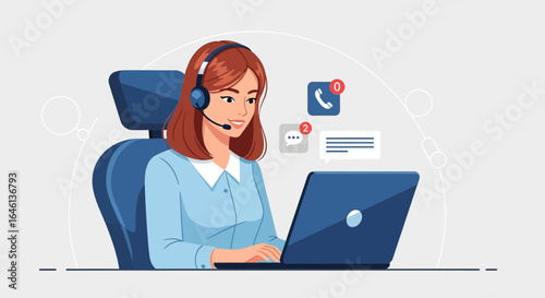 Illustrative depiction of a female customer service representative with a headset working on a laptop computer