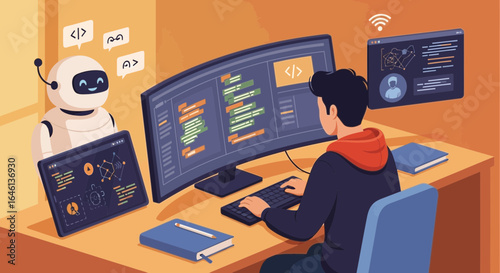 Illustrative depiction of a programmer working with an AI assistant on code development and deployment processes