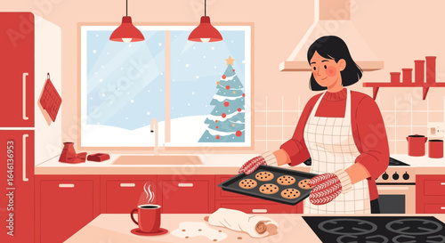 Illustration of a woman baking cookies in a cozy kitchen during the Christmas season