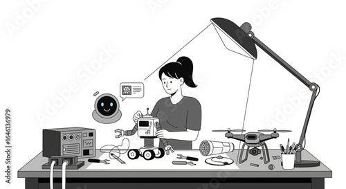 Illustration of a woman building a robot with tools, drone and equipment, representing innovation and technology at home or workshop