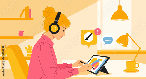 Illustrative depiction of a woman creating digital art in her workspace using a tablet