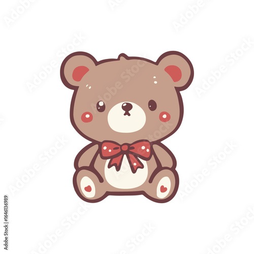 Cute cartoon teddy bear with a red bow sitting on a white background, ideal for children's decor