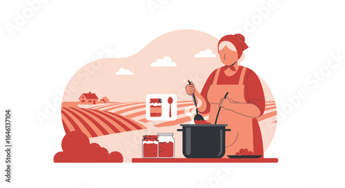 Illustrative depiction of a woman preparing homemade jam on a farm kitchen background