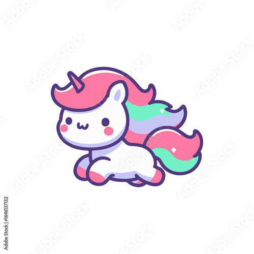 Cute cartoon unicorn with colorful mane prancing playfully on a white background