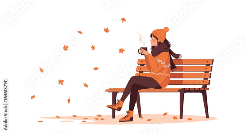 Illustration of a woman enjoying a hot beverage on a park bench in autumn with falling leaves
