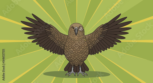 Illustration of a dignified eagle with monocle spreading its wings against a green background